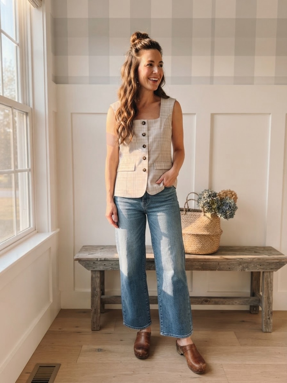 Ann Taylor Beige Plaid Button-Front Vest